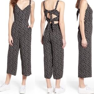 Socialite Jumpsuit Black Floral Print Wide Leg Tie Back L Boho Classy Whimsygoth
